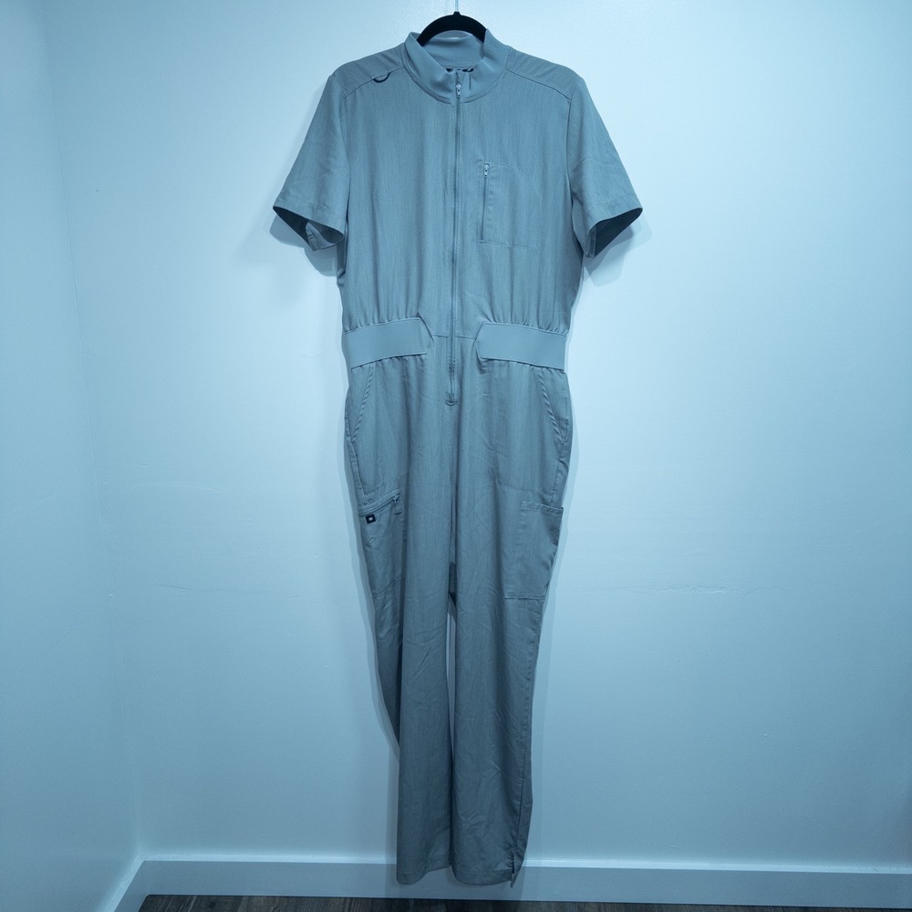 New Beyond Scrubs Heather Light Gray Beyond Happy 7-Pocket Cargo Jumpsuit Large - Picture 2 of 11